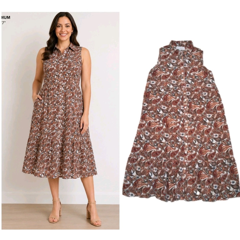 Margaux Riviera Midi Dress Womens Medium Paisley Button Down Sleeveless Cottage